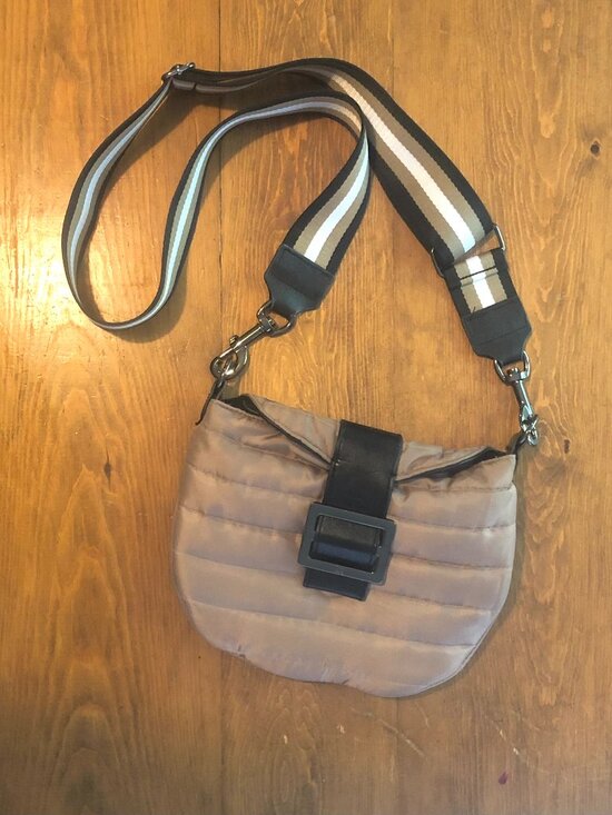 THINK ROYLN Handbags - Think Royln Tan Puffer Crossbody Purse Quilted Nylon Stripe Strap Magnetic Bag